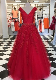 Floor Length Red tulle long prom dress with lace appliques