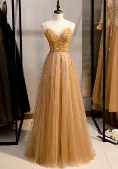A Line Tulle Prom Dresses with Beading