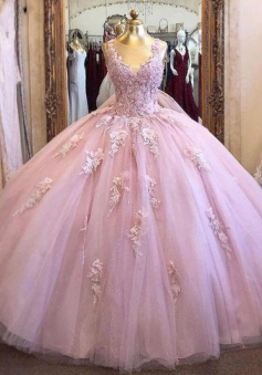 Princess Pink Lace Ball Gown Quinceanera Prom Dresses