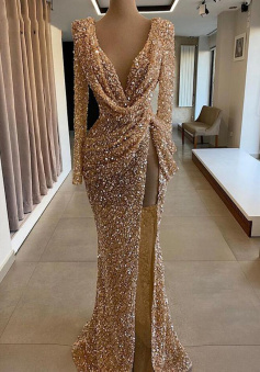 Sexy High Slit V Neck Sequin Dubai Women Formal Evening Dresses