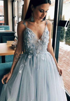 Floor Length Blue tulle long prom dress evening dress