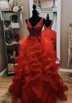 Floor Length Red tulle lace long prom gown