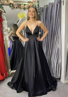 A Line Black v neck satin long evening dress