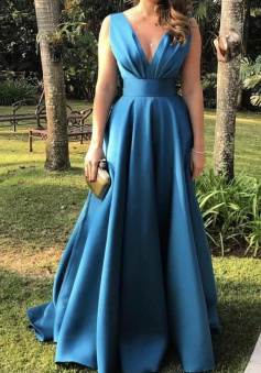 A Line Floor Length Blue v neck satin long prom dress