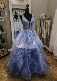 A line Blue tulle lace prom dress