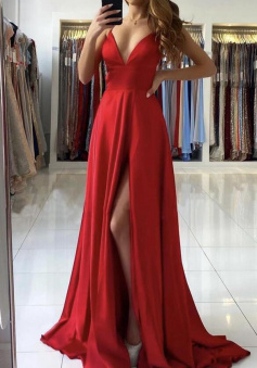 A line Red Backless Chiffon Prom Dresses