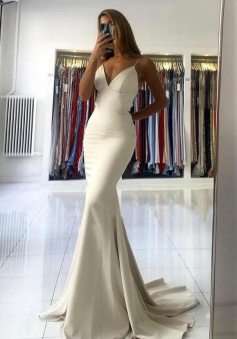 Mermaid Simple v neck long prom dress