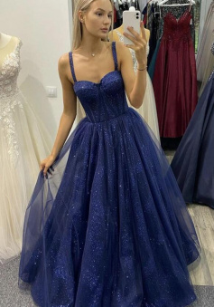 Floor Length Blue tulle sequins prom dress