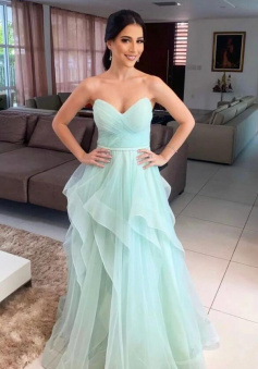 A line Green V Neck tulle long prom dress