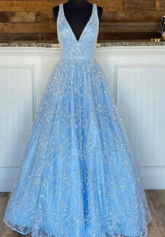 Floor Length Blue tulle long evening dress