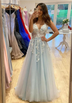 A Line V Neck Baby Blue Senior Prom Dress With Lace