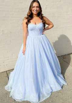 A line Sweetheart Blue tulle sequins prom dress