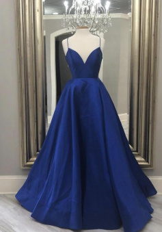 A Line Blue satin long prom dress