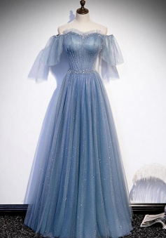 Floor Length A Line Blue tulle prom dress with beading