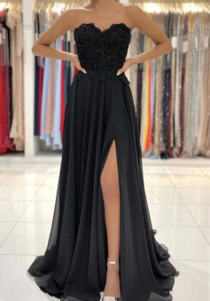 A Line Black mermaid chiffon lace long prom dress