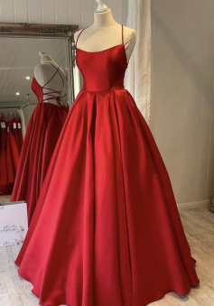 A Line Red satin long prom dress