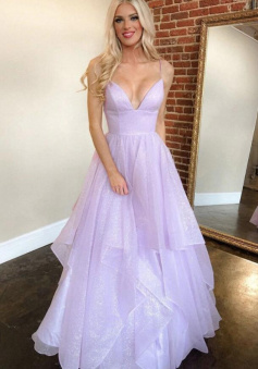 A Line Purple tulle v neck long prom dress