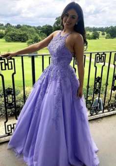 A Line Purple tulle lace backless long oprom dress