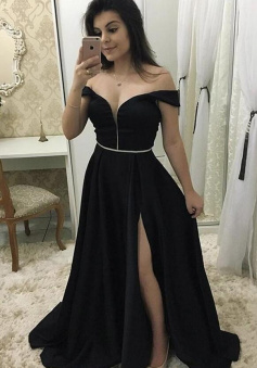 A line off shoulder black chiffon evening dress