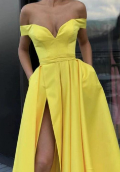 Off Shoulder Yellow Long Formal Dress Gown with Slit