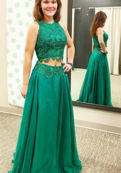 Two Piece Emeral Green Lace Long Prom Dress