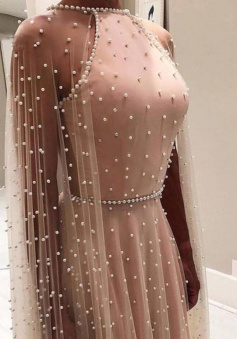 Luxury Arabic Style Pink Evening Dress with Pearl