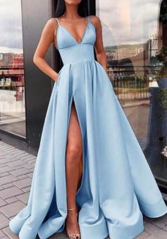 Elegant A Line Satin Baby Blue Long Prom Dress with Straps