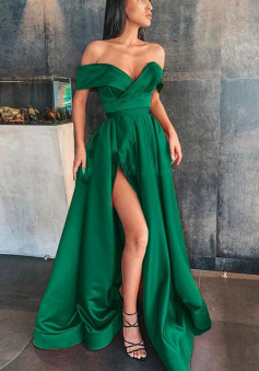 A Line Off Shoulder Hunter Green Satin Prom Dress