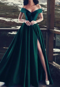 Off Shoulder Dark Teal Long Formal Gown with Split