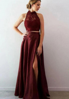 Two Pieces Burgundy Prom Dress With Lace
