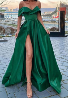 Off the Shoulder A Line Stain Long Prom Dress with Slit