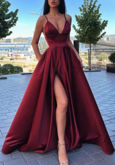 Spaghetti Long Pocket Prom Dress Formal Dress with Slit