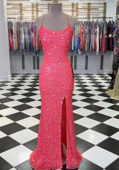 Spaghetti Straps Sequin Pink Mermaid Prom Dress With Slit