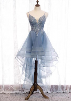 Spaghetti strap blue high low prom dress with lace