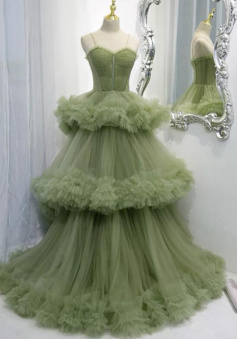 Vintage Green Tulle Long Prom Dress