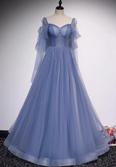 Simple A Line Tulle long prom dress with beading