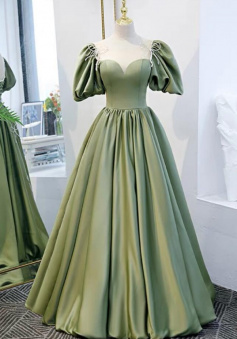 Floor Length A Line Green Stain Prom Dresses