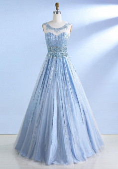 Bateau Light Sky Blue Tulle Prom Dress with Beading Sequins