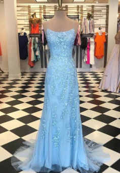 Sexy Backless Sky Bule Long Prom Dress With Lace Appliqued