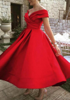 Off the Shoulder Tea Length Red Prom Dress