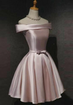 Off the Shoulder Satin A Line Pink Short Homecoming Dress