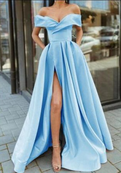 Gorgeous Off Shoulder Floor Length Long Split Satin Blue Prom Dress