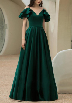 Unique Off Shoulder Dark Green Long Evening Prom Dress