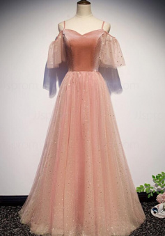 Simple Peach Pink Off Shoulder Sparkle Tulle Prom Dress