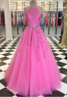 A Line Pink Halter Lace Applique Tulle Prom Dress With Beading Belt