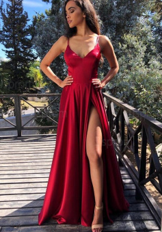 Simple Spaghetti Straps Long Prom Dress With Side Slit