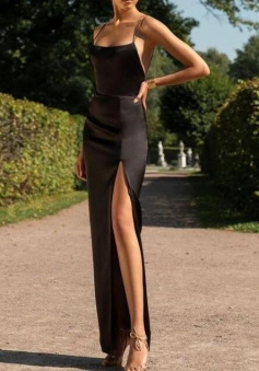 A Line Slim Black Long Prom Dress With High Slit Side