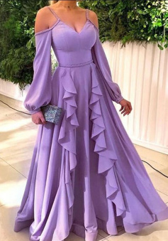 A Line purple long stain prom formal gown