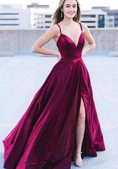 A Line V Neck Burgundy prom dresswith split