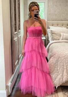 Spaghetti Straps Ruffles Sweet Pink Tulle Prom Dress